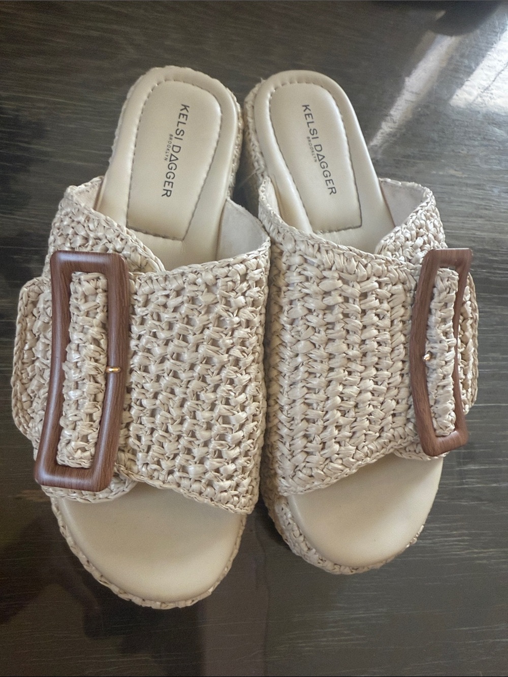 Kelsi Dagger Cream Woven Slide Mules with Wood-Tone Buckle